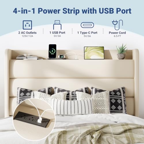 Queen Size Upholstered Bed Frame with Charging Station, Cream, view 6