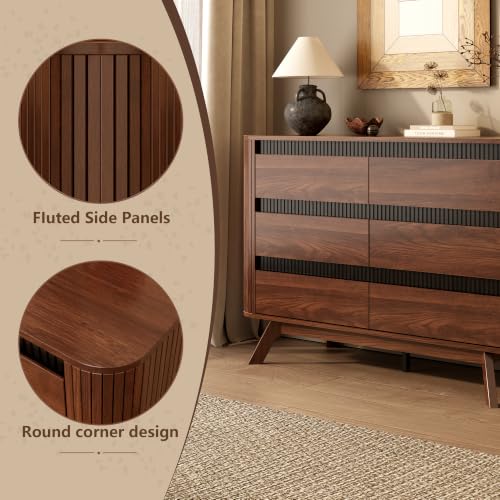 Fluted 6 Drawer Dresser for Bedroom, 47W x 31H, Modern Walnut Brown, view 6