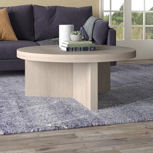 36" Fluted Round Low-Profile Coffee Table with Ribbed Pedestal Base for Living Room, Family Room, or Office, Beech White