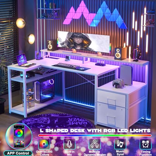 L Shaped Desk with File Drawer, Reversible L Shaped Computer Desk Gaming Desk with Power Outlet & LED Strip, Home Office Desk with Monitor Shelf, Corner Desk with Storage Shelves, White