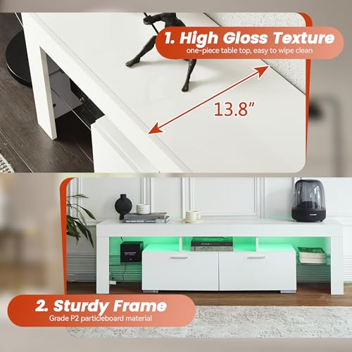 White LED TV Stand for 75 Inch TV, High Gloss Entertainment Center with Storage Drawer, Console Table for Living Room, Bedroom