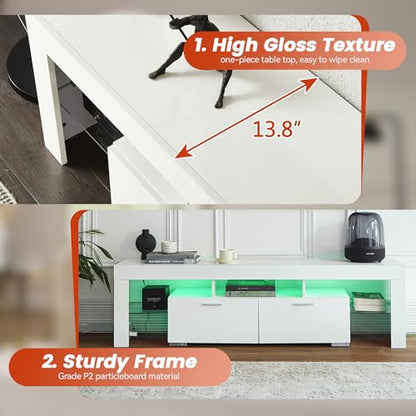 White LED TV Stand for 75 Inch TV, High Gloss Entertainment Center with Storage Drawer, Console Table for Living Room, Bedroom