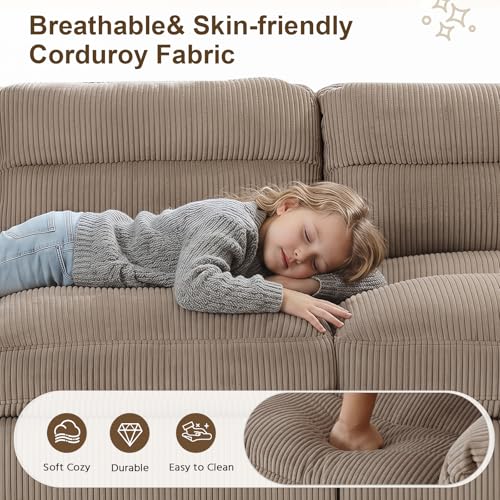 90" Wide Modular L Shaped Sofa Couch with Movable Ottoman, Convertible Corduroy Sectional Couches with Reversible Chaises and Rolled Arm for Living Room,Brown