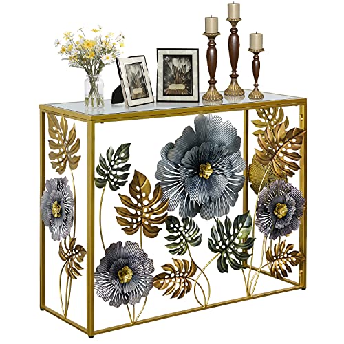 Lewahom Console Table, Vintage Art Sofa Table with Metal Flower Decor, Narrow Entryway Tables with Glass Mirror Tabletop Behind Sofa, Narrow Accent Table for Entryway Living Room Hallway Bedroom