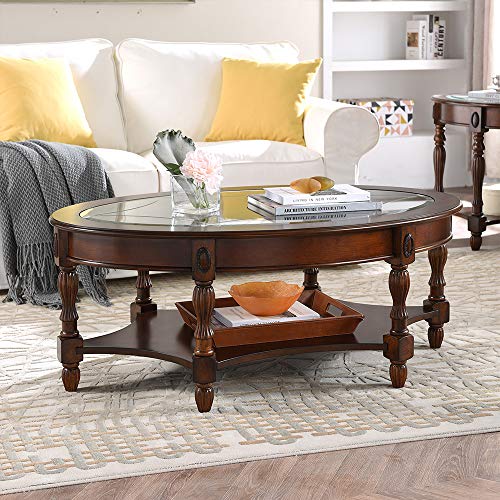 Solid Wood Oval Coffee Table with Glass Top&Shelf, 44.9"W*34"D | Cherry Walnut Wood Glass Sofa Center Table for Home Office, Vintage Cocktail Table with Storage Shelf, Fits Any Styles