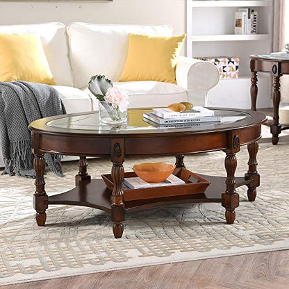 Solid Wood Oval Coffee Table with Glass Top&Shelf, 44.9"W*34"D | Cherry Walnut Wood Glass Sofa Center Table for Home Office, Vintage Cocktail Table with Storage Shelf, Fits Any Styles