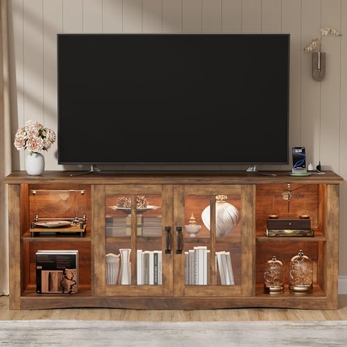 Farmhouse TV Stand, 58 Inch TV Stand for Living Room with Glass Doors, Fast Charge USB Hub & Adjustable LED Lights, Rustic TV Cabinet for TV up to 65 inch (Rustic Brown)
