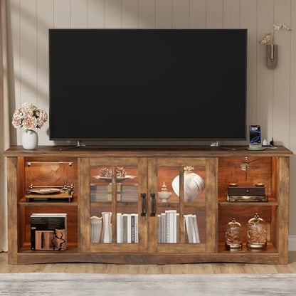 Farmhouse TV Stand, 58 Inch TV Stand for Living Room with Glass Doors, Fast Charge USB Hub & Adjustable LED Lights, Rustic TV Cabinet for TV up to 65 inch (Rustic Brown)