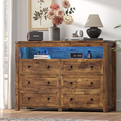 Dresser for Bedroom with 6 Drawers, LED Lights, Power Outlet, Brown, view 2