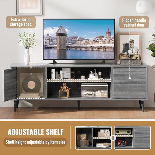 Mid Century Modern TV Stand for 65 inch TV, Entertainment Center with Storage, Media Console with Sturdy Legs, Push-to-Open Cabinets, Wooden Living Room Furniture, Bright Gray