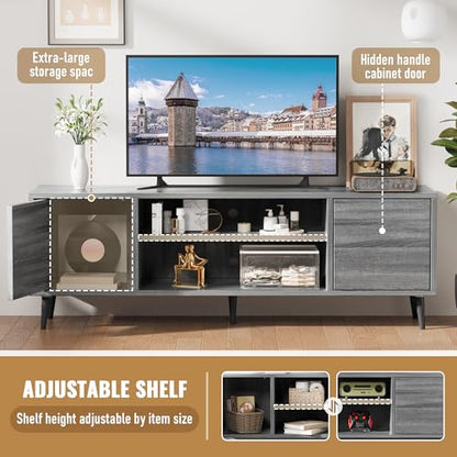 Mid Century Modern TV Stand for 65 inch TV, Entertainment Center with Storage, Media Console with Sturdy Legs, Push-to-Open Cabinets, Wooden Living Room Furniture, Bright Gray