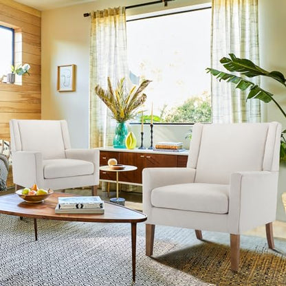 Modern Wingback Living Room Chair, Upholstered Fabric Accent Armchair, Single Sofa Chair with Lounge Seat and Wood Legs for Office/Bedroom/Reading Spaces, Beige