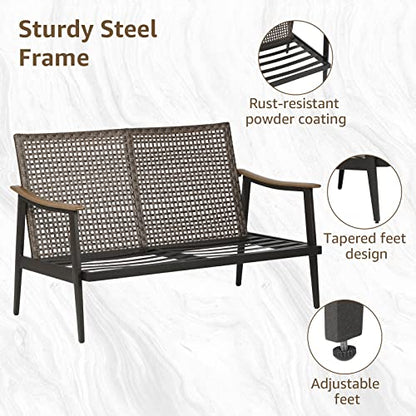Patio Loveseat Sofa Outdoor Furniture Metal Chair with Wicker Backrest & 6 Inches Cushion for Indoor, Front Porch, Deck, Balcony, Backyard, 51.77"(L) x 29.75"(W) x 33.86"(H).