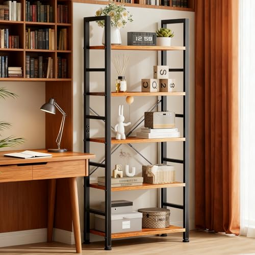 5 Tier Bookshelf, Free Standing Wooden Bookcase with Open Storage Shelves with Metal Frame, Sturdy Shelf Organization Display Rack for Living Room, Bedroom, Home Office, 62.2" Tall, Brown