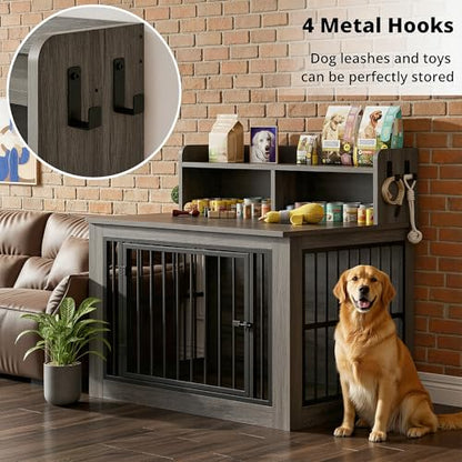 43.3" Extra Large Dog Crate Furniture with Storage Shelf | 1.0mm iron rods. Storage shelf and 4 hooks. 200 lb tabletop. 30"L x 43.3"W x 41.1"H indoor large crate