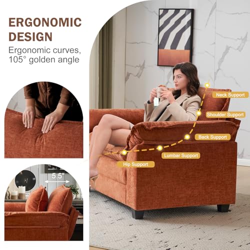 Oversized Accent Chair, Chenille Comfy Cloud Sofa Chair with Large Seat and Upholstered Armrests, Modern Extra Wide Armchair Reading Chairs for Bedroom, Living Room,Terracotta Orange