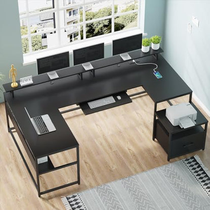 U Shaped Desk,101.5''Reversible L Shaped Home Office Desk with Drawer & Power Outlet,Computer Two Person Desk with Monitor Shelf, Keyboard Tray, Black