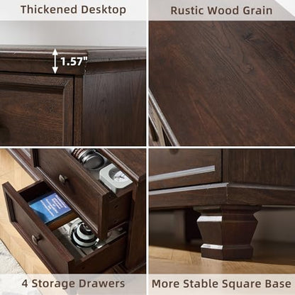 Farmhouse TV Stands for Living Room, Brown Entertainment Center with Storage, Wood TV Console with 4 Drawers, Rustic TV Cabinet for 65 inch TV, Walnut