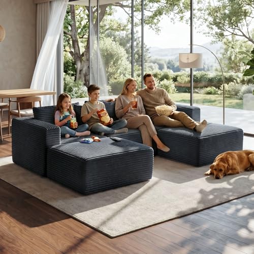 110" Modular Sectional Boneless Sofa with 2 Ottomans, U Shaped Cloud Couch for Living Room, Deep Seat Corduroy Floor Sofa, No Assembly Required, Compressed Couch, 5 Seat, Grey