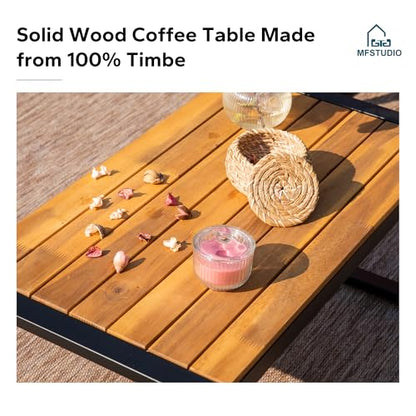 4 Piece Wicker Patio Furniture Set, Small Patio Sofa with Loveseat & Chaise & Acacia Wood Table, Outdoor Sectional Couch with Wood Table, Beige