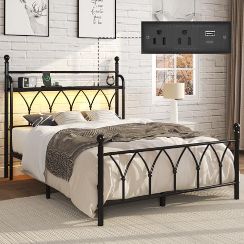 Full Size Metal Bed Frame with Storage Headboard, Charging Station, Black, view 2
