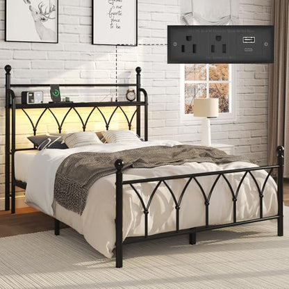 Full Size Metal Bed Frame with Storage Headboard, Charging Station, Black, view 2