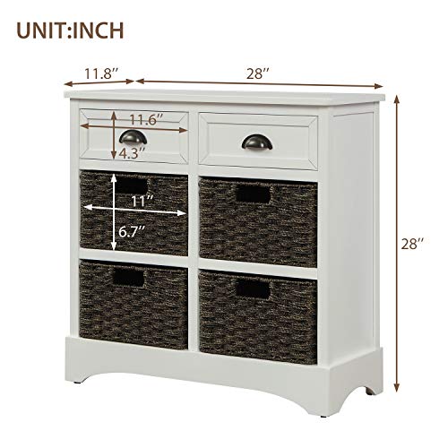 Storage Cabinet with 4 Classic Rattan Basket & 2 Drawers,for Living Room,Bedroom(28"L x 11.8"W x 28"H). (White)