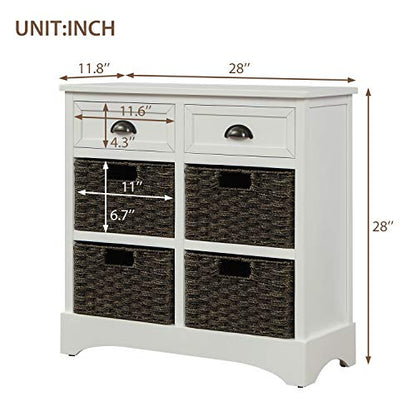 Storage Cabinet with 4 Classic Rattan Basket & 2 Drawers,for Living Room,Bedroom(28"L x 11.8"W x 28"H). (White)