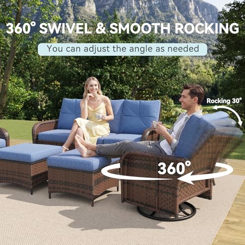 12 Piece Outdoor Patio Furniture Set with 44'' Fire Pit Table, Wicker Rattan Outdoor Furniture with High Back Swivel Rocker Chairs, Outdoor Sofa Set with Thick Cushion & Ottoman, Navy Blue