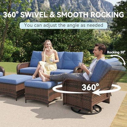12 Piece Outdoor Patio Furniture Set with 44'' Fire Pit Table, Wicker Rattan Outdoor Furniture with High Back Swivel Rocker Chairs, Outdoor Sofa Set with Thick Cushion & Ottoman, Navy Blue
