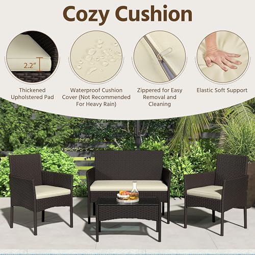 Yaheetech Patio Furniture Set 4 Pieces Conversation Sets, Rattan Chair Wicker Set Loveseat with Soft Cushion and Glass Table for Backyard Porch Garden Poolside Balcony, Brown and Beige