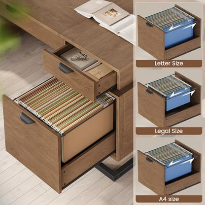 63" Executive Desk with Charging Station, Large Home Office Desks with 6 Drawers and 2 Storage Cabinets, File Drawer, Keyboard Tray, Privacy Panel, Desk Grommet, U-Shaped Metal Legs for Work and Study