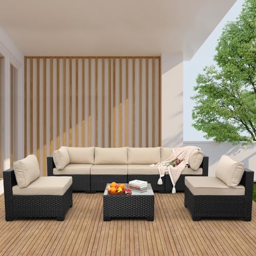 7 Pieces Outdoor Wicker Furniture Conversation Set Patio Sectional Sofa Set Glass Table with Non-Slip Cushions Furniture Cover, Khaki