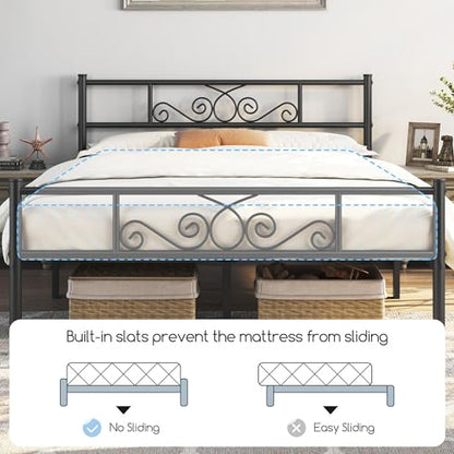 Full Metal Bed Frame with Scroll Headboard and Footboard Black, view 6