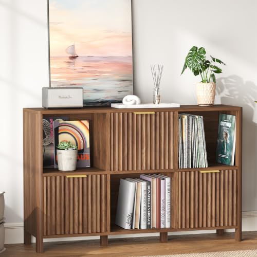6 Cube Storage Organizer Fluted Bookcase with Reversible Door, view 2