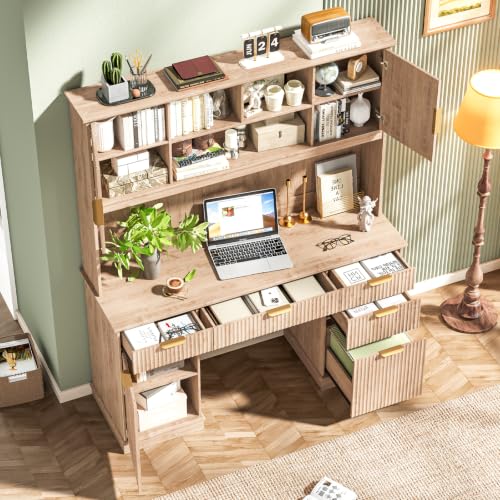 Farmhouse Executive Desk with 5 Drawers & 3 Storage Cabinets,Oak, view 7