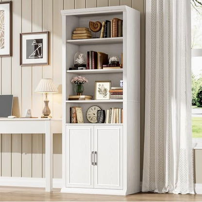 28" W Bookcase and Bookshelf with Doors, Modern Tall Bookshelf 6-Tier White Bookshelves with Storage Cabinet for Office, Living Room, Library