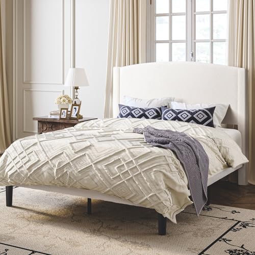 Soft Teddy Fabric Bed Frame Queen Size, Curved Headboard, White, view 4