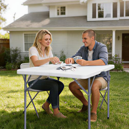 34" Square Folding Table, Fold-in-Half Utility Dining Portable Table Heavy Duty HDPE Plastic Foldable with Carrying Handle Indoor Outdoor for Picnic, Party