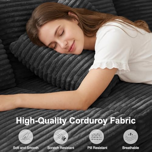 142" Modular Sectional Sofa with Storage, 6-Seater High Density Foam Boneless Couch with Ottoman, 27" Deep Corduroy Oversized Cloud Couch for Living Room, Tool-Free Assembly, Dark Gray