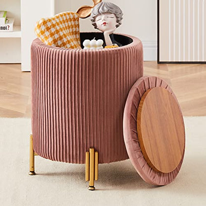 Round Ottoman Foot Stool with Storage and Metal Legs for Living Room Bedroom, Velvet Upholstered Footrest Stool Support 300lbs Modern Padded Seat Ottoman Coffee Table (Dusty Rose)