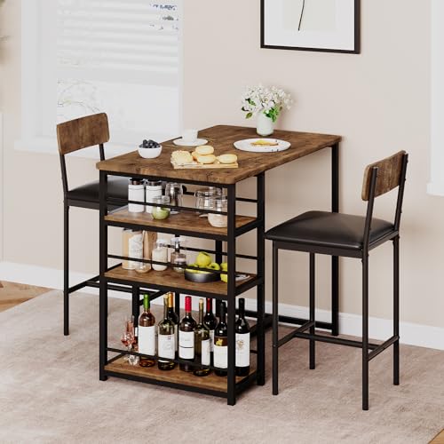 Dining Table Set for 2 with 3 Storage Shelves, 3-Piece Counter Height Kitchen Table Set with 2 Upholstered Bar Stools, Bar Table and Chairs Set for Small Space, Brown