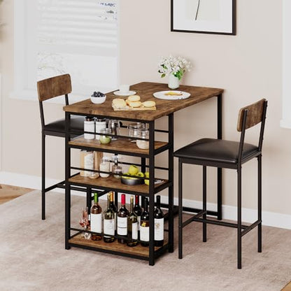 Dining Table Set for 2 with 3 Storage Shelves, 3-Piece Counter Height Kitchen Table Set with 2 Upholstered Bar Stools, Bar Table and Chairs Set for Small Space, Brown