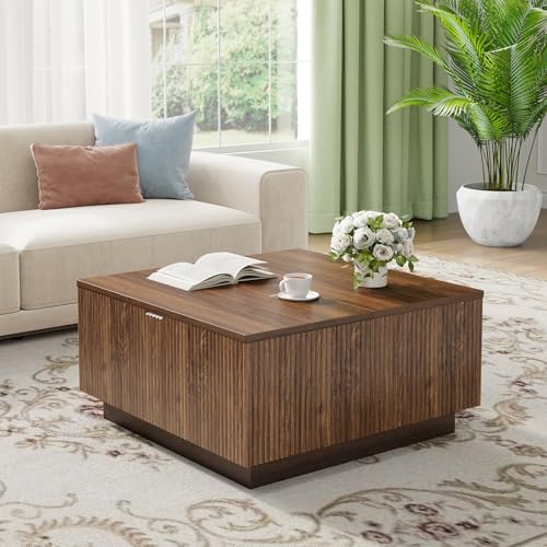 Lift Top Coffee Table, Farmhouse Square Fluted Center Table, 31" Modern Wooden Tea Table with Hidden Storage for Living Room, Apartment, Small Spaces, Brown Walnut