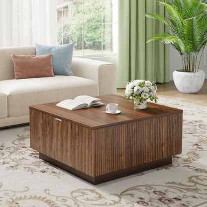 Lift Top Coffee Table, Farmhouse Square Fluted Center Table, 31" Modern Wooden Tea Table with Hidden Storage for Living Room, Apartment, Small Spaces, Brown Walnut