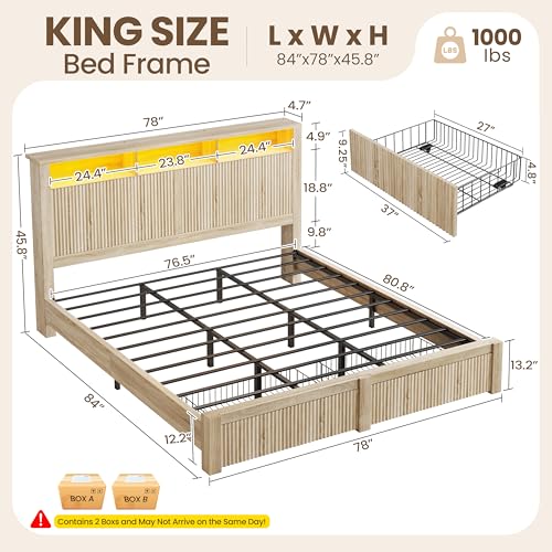 King Size Bed Frame and Headboard & 2 Storage Drawers,Wood, view 3