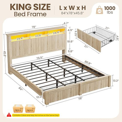 King Size Bed Frame and Headboard & 2 Storage Drawers,Wood, view 3