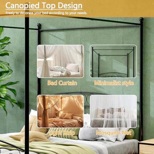 Metal Canopy Bed Frame Queen Size Four-Poster Black, view 5