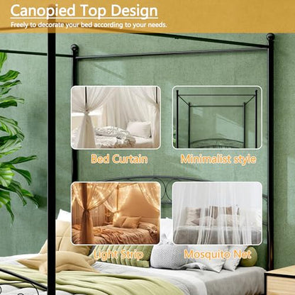 Metal Canopy Bed Frame Queen Size Four-Poster Black, view 5