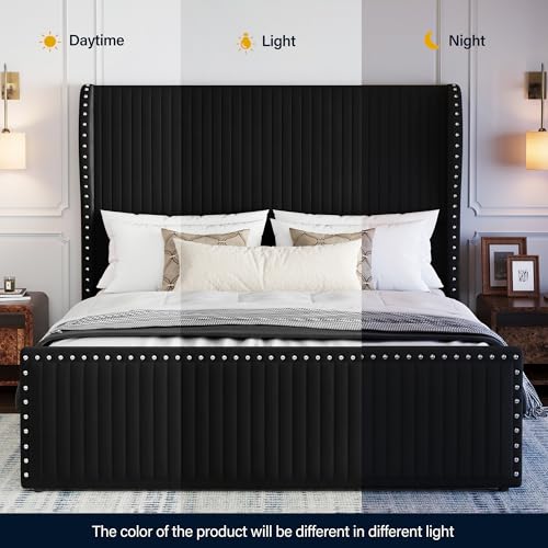 Queen Size Bed Frame with 55" Headboard Nailhead Trim Design, Black, view 8